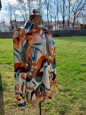 Haver London 70s inspired groovy brown green button down print blouse Womens L